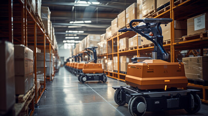 Automated Robot Carriers And Robotic Arm In Smart Distribution Warehouse.