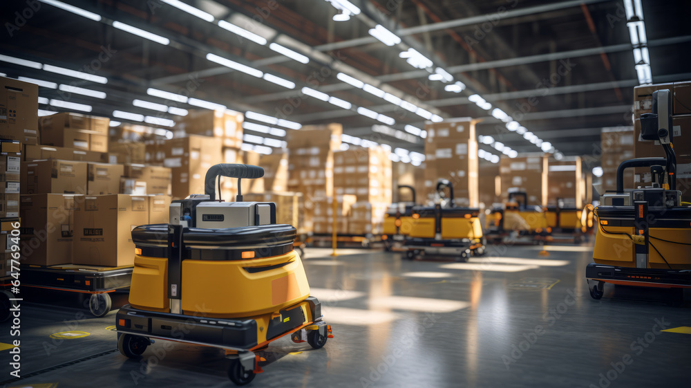 Poster automated robot carriers and robotic arm in smart distribution warehouse.