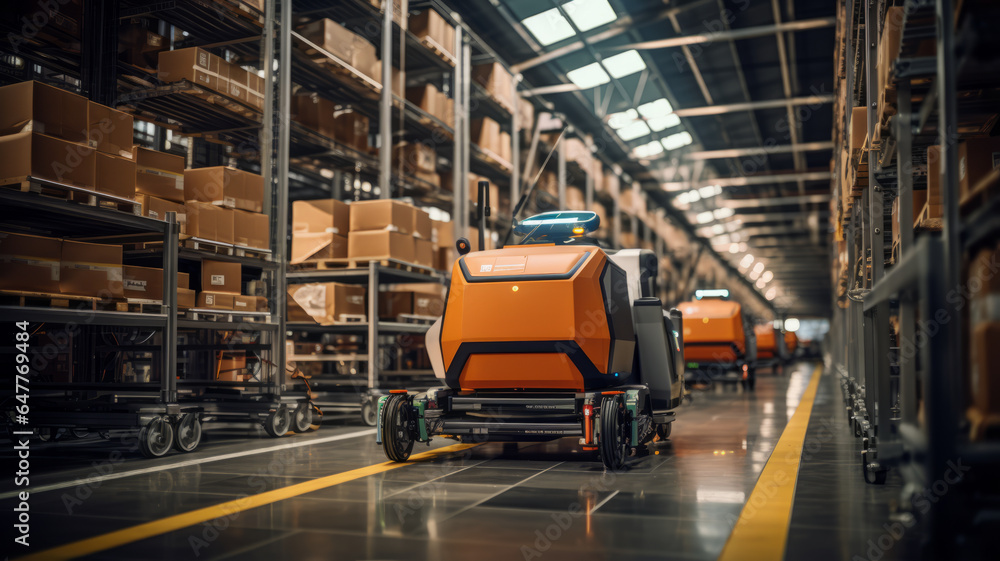 Poster automated robot carriers and robotic arm in smart distribution warehouse.