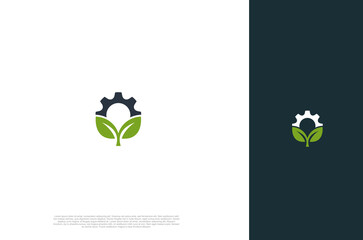 Modern nature technology gear and d leaf, agriculture logo, green eco tech, nature industry. Vector Illustration template

