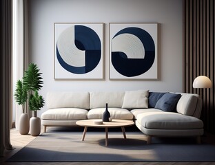 Modern white minimalist interior with sofa, wooden floor, wall panels