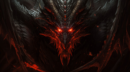 A dragon of darkness emerging from shadows, with piercing red eyes and an aura of malevolence.