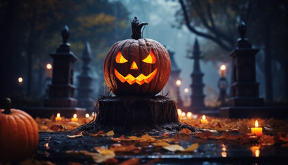 Illuminated Halloween Pumpkin in a Cemetery or Park at Night - Generative Ai
