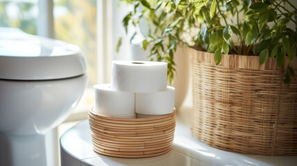 Basket with paper rolls on ceramic toilet bowl in modern bathroom. - obrazy, fototapety, plakaty