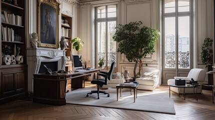 Fototapeta na wymiar Cozy posh luxurious but modern interior design of a home office workspace with wooden classic parquet floor, tall ceiling and french windows, white panel walls, parisian look