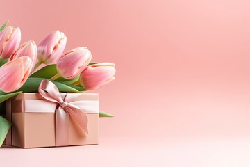 Bouquet of pink tulips and gift on pink background. Spring pattern. Mothers day. Greeting card with copy space.