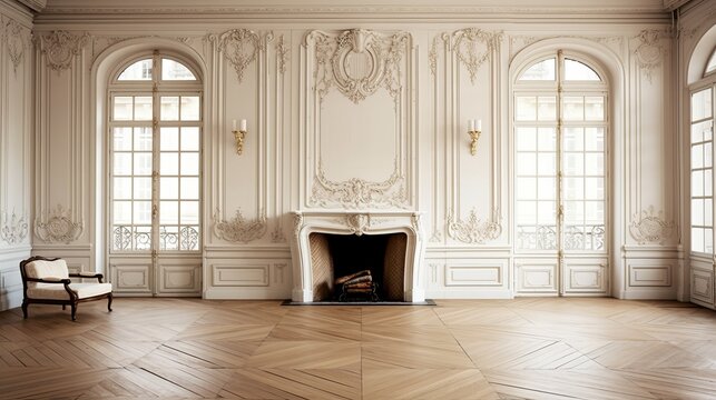 Cozy posh luxurious interior design of room without furniture with wooden classic parquet floor, tall ceiling, french windows, fireplace, white panel walls, parisian look. Background