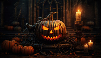Halloween Pumpkin and Candles in a Dark Interior - Generative Ai