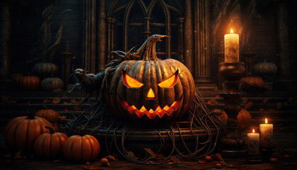 Obraz premium Halloween Pumpkin and Candles in a Dark Interior - Generative Ai