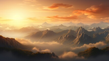 a mountain range at sunrise, with soft golden light illuminating the valleys. 