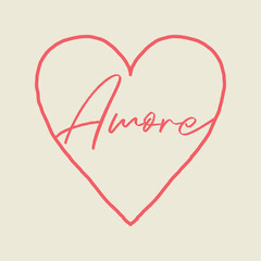 Amore - hand drawn lettering word with red heart. Vector art.