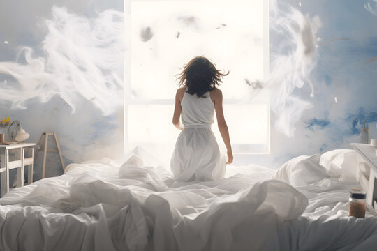 Girl waking up in a clean white room in her bed, morning, wake up, jawning, routine