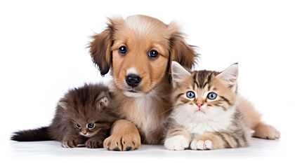 Two Little Sweet Kittens and an Adorable Puppy on a White Background - Generative Ai