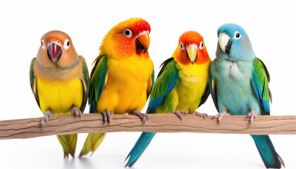 Four Colorful Parrots on a Branch Against a White Background - Generative Ai