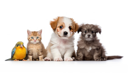 Fototapeta na wymiar Animals - Two Tiny Kittens, a Little Puppy, and a Colorful Bird on a White Background - Generative Ai