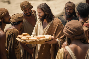 The miracle of Jesus Christ handing out bread to feed the 5000