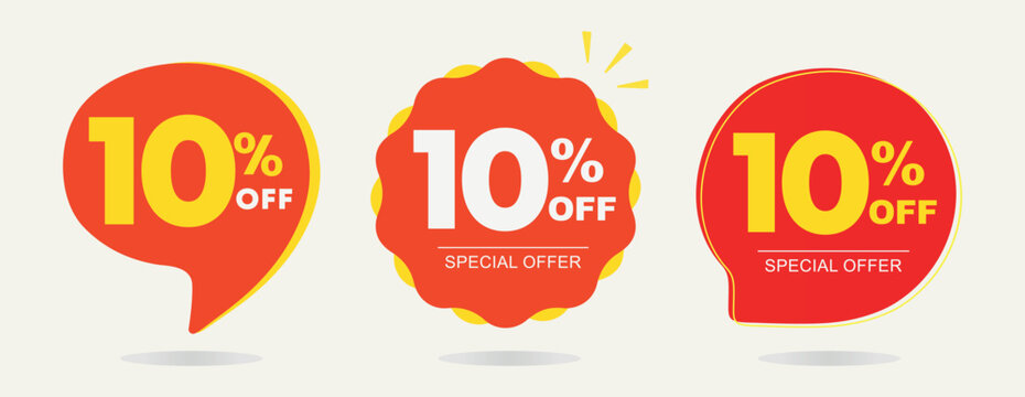 10% off. Tag special offer, sticker. Poster ten percent off price, value. Red and yellow balloon. Advertising for sales, promo, discount, shop. Symbol, icon, vector