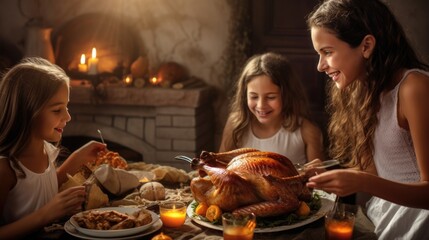 Little girl eating roasted turkey at home, Thanksgiving celebration festival.