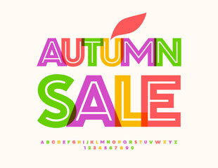 Vector advertising flyer Autumn Sale. Bright creative Font. Colorfui Alphabet Letters and Numbers