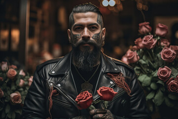 Obraz premium A tattoed biker with slick hair and leather jacket holds two roses in his hand