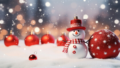 Fototapeta premium Festive Snowy Scene with Snowman and Christmas Baubles - Holiday Decorations - Generative AI