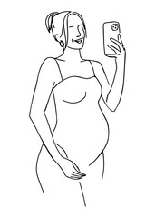 A pregnant girl in a swimsuit takes a selfie. Vector line art illustration.