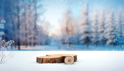 Wooden Pieces Adorning Snowy Winter Forest Landscape