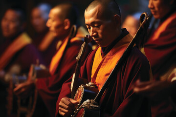 Tibetan Buddhist monks playing music  - obrazy, fototapety, plakaty