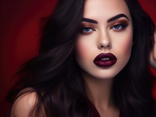 Fototapeta premium Beautiful woman with dark lips posing on red background.