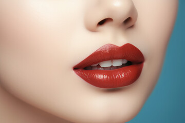 Fototapeta premium Close up of a young womans lips and jawline, red pouty lips, make up