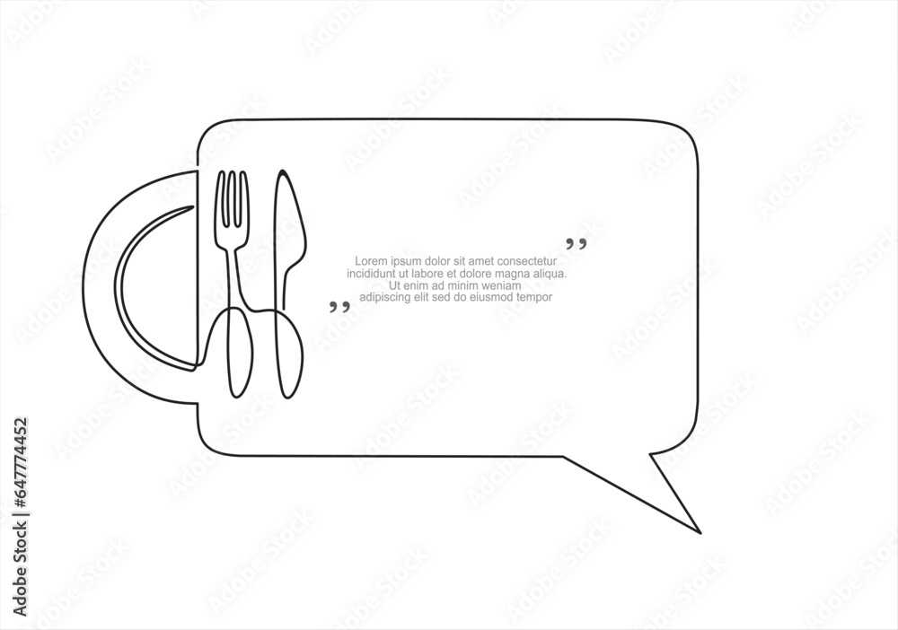Poster continuous one line drawing of plate, knife and fork and speech bubble. trendy line art vector on a 