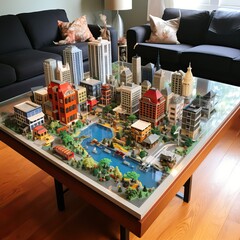 Intricate Miniature Cityscape Model with Buildings, Trees, and Water Features on Display - obrazy, fototapety, plakaty