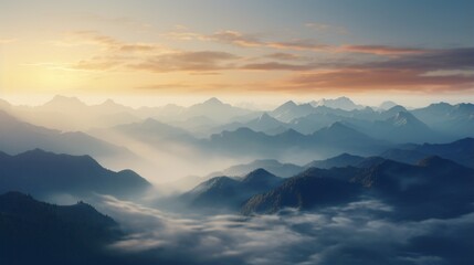 a mountain range cloaked in mist and mystery at dawn. 