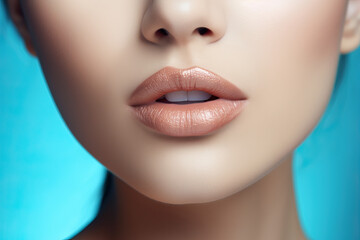 close up portrait of a woman's lower face and jaw with beautiful pouty lips in a neutral shade