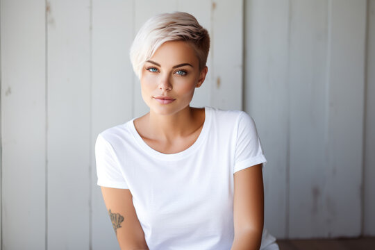 Mockup. Hipster girl wearing blank white t-shirt and jeans against rough white wall. Stylish casual clothes for young people