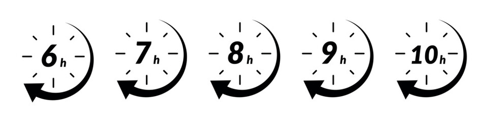 Hour icon with 6 and 7 clock formats, for 9h or 8h fast delivery and special day sales. Includes timer, arrow, and open effects. Flat vector illustrations isolated in background.