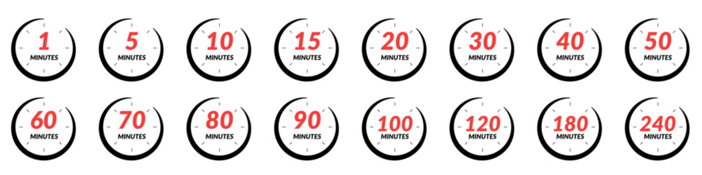 Clock icon with 5, 15, and 30-minute timer marks, stopwatch and chrono functionalities. for countdowns and time management. Flat vector illustrations isolated in background.