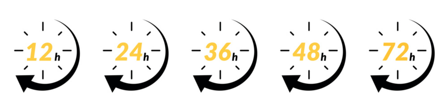 Hour icon with 12 and 24 clock formats, for 48h or 72h fast delivery and special day sales. Includes timer, arrow, and open effects. Flat vector illustrations isolated in background.