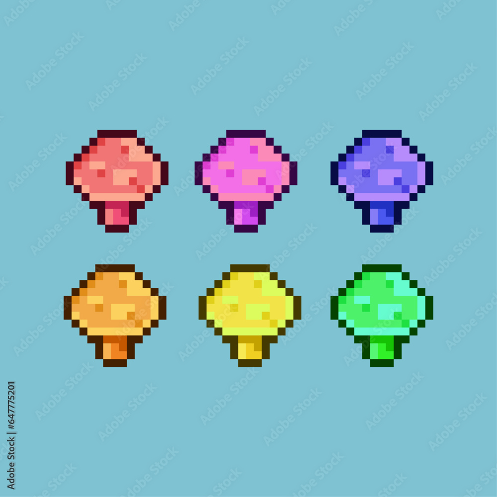 Poster pixel art sets of poisonus mushroom with variation color items asset. simple bits of mushroom plant 