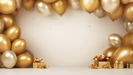 Fototapeta na wymiar balloon garland decoration elements,scence of white yellow golden balloons frame for product presentation ,Christmas celebration background .