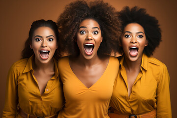 Fototapeta premium Funny portrait of three shocked women looking at camera keeping mouth open. Sudden incredible news reaction wow.