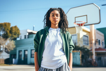 Obraz premium Young black female with afro hairstyle looking at camera while standing in basketball ground.