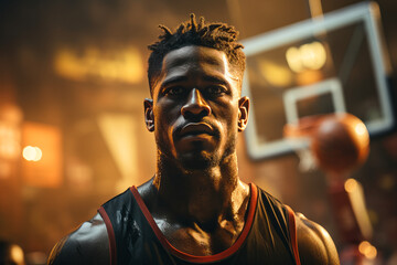 Portrait of sweaty handsome basketball player during the game. Fit young man athlete in sportswear look at camera.