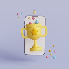 Smartphone with trophy cup. 3d render illustration.