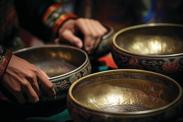 Tibetan singing bowls close up