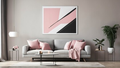 Abstract art in living room - grey sofa with pink accents against white wall, modern interior design