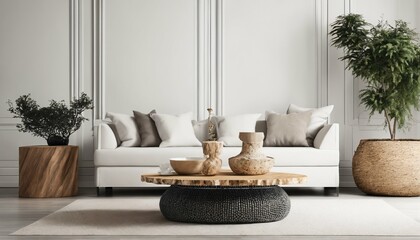 Modern interior with rustic accents - root ball coffee table near white sofa against stone paneled white wall, minimalist living room design