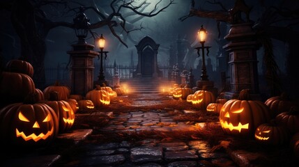 Halloween background with Pumpkins lantern in graveyard the spooky night.