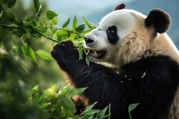 Obraz premium Panda Bear Eating Leaves in Forest