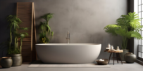 Fototapeta na wymiar a gray bathroom is decorated with plants and a bathtub